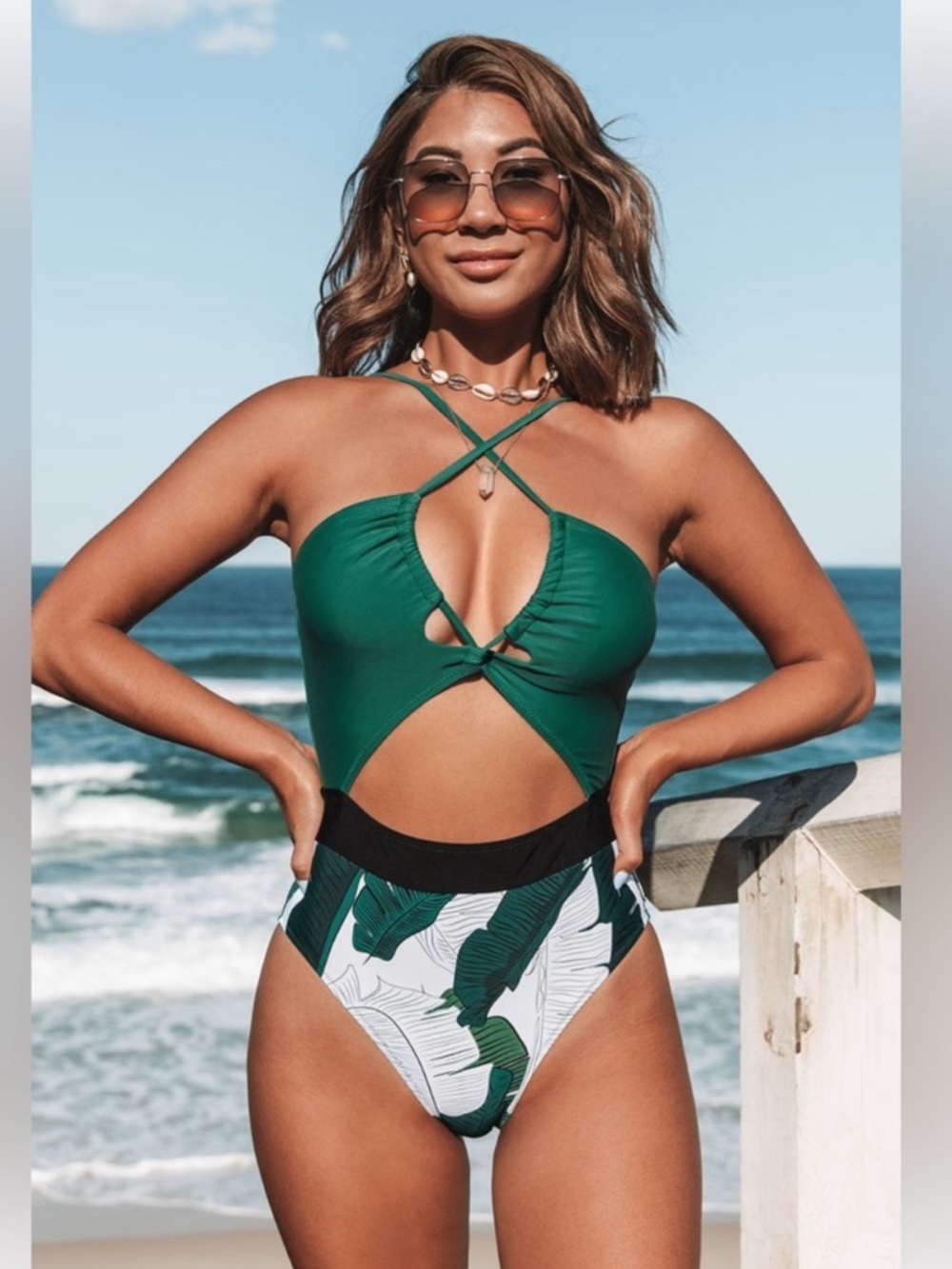 Cupshe Green & White Tropical Cutout One-Piece Swimsuit NWT XS